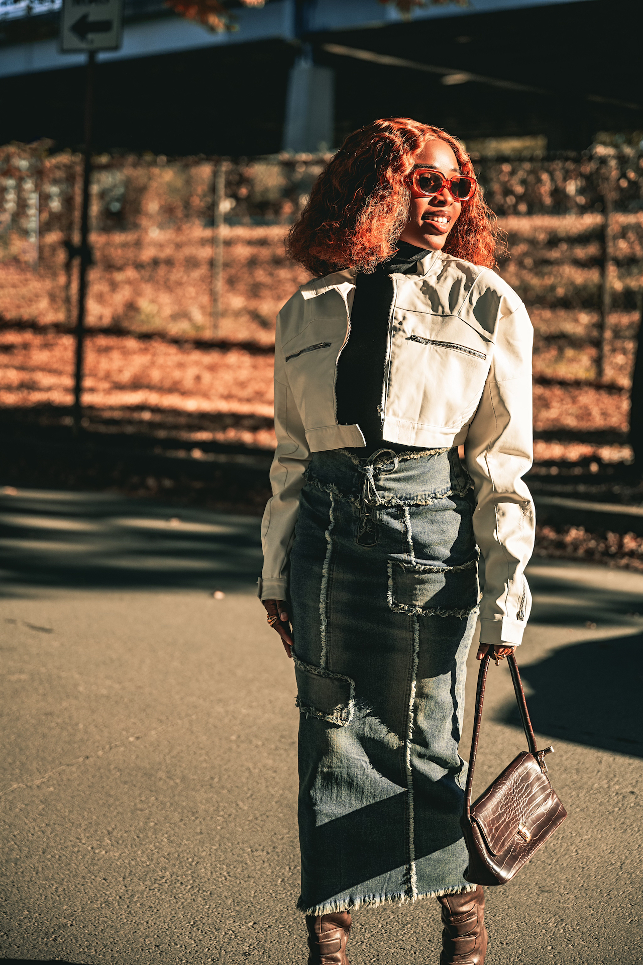 How to style a leather. jacket and denim skirt